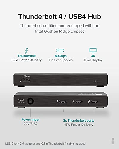 Plugable Thunderbolt 4 Hub, 4-in-1 Pure USB-C Design, Includes USB-C to 4K HDMI Adapter, Laptop Charging